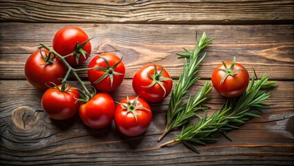 Rustic Still Life Featuring Vine-Ripened Tomatoes and Aromatic Rosemary Sprigs on Weathered Wooden Surface