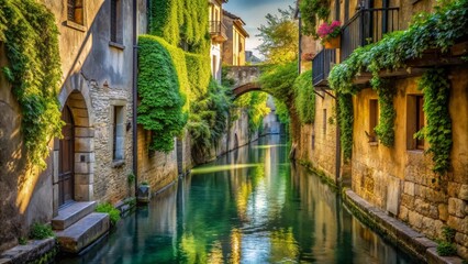 Serene Canal Scene Sunlit Stone Buildings, Lush Greenery, and Tranquil Water Reflecting Golden Hour Light