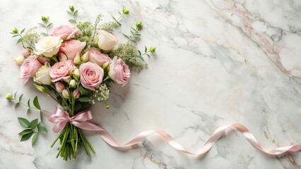 Elegant pastel pink rose bouquet tied with a delicate ribbon, arranged on a marble surface