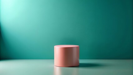 A simple coral cylinder pedestal against a teal backdrop, ideal for product display or showcasing a minimalist design aesthetic