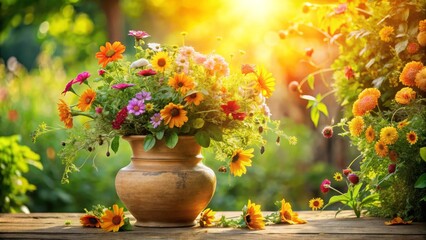 A vibrant summer bouquet of wildflowers arranged in an earthenware vase, bathed in the warm glow of sunlight, sits on a rustic wooden surface, surrounded by a lush garden.