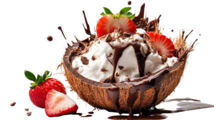 Dynamic tropical coconut splash bursting with fresh liquid movement and vibrant natural energy for refreshing fruit presentation isolated on white background