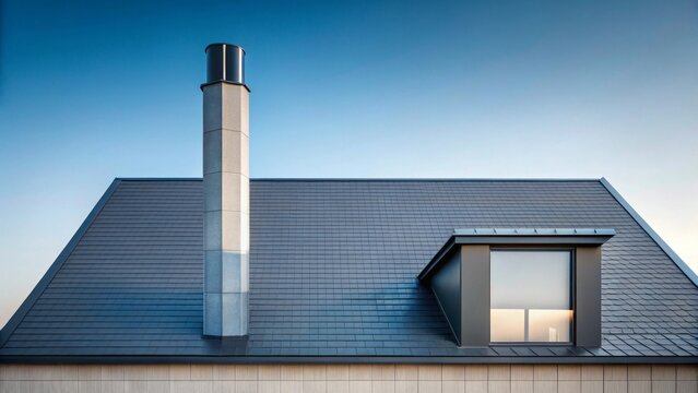 Modern home roof design featuring dark slate tiles, a sleek chimney, and a dormer window with a clean aesthetic.