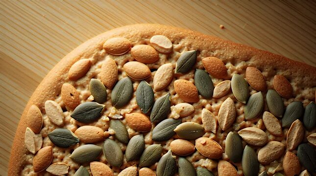 Close-up macro image showing a flat bread topped with a mixture of seeds. Various colored seeds are scattered over the textured surface