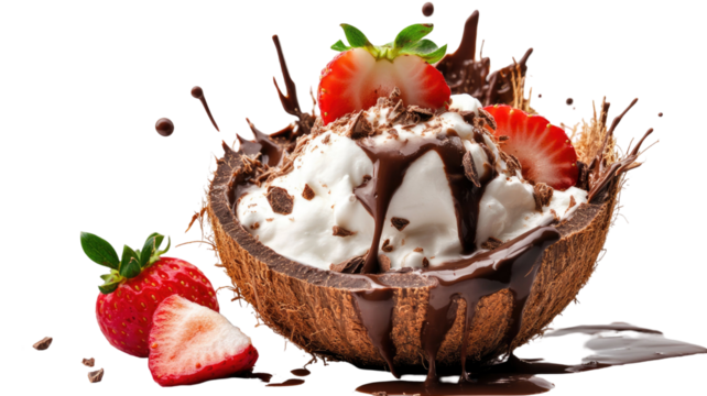 Dynamic tropical coconut splash bursting with fresh liquid movement and vibrant natural energy for refreshing fruit presentation isolated on white background