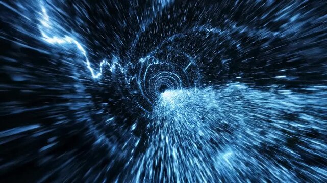 Extremely slow motion cinematic shot of glowing blue data particles accelerating rapidly through a dark vortex tunnel representing immense speed and power futuristic, kinetic, progress