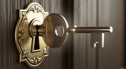 Ornate brass key inserted into antique wooden door lock mechanism