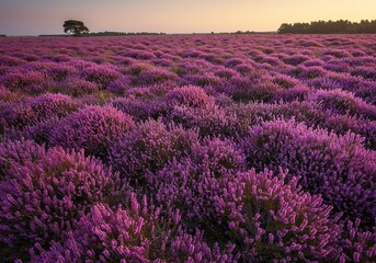Vast expanse of vibrant purple heather blooming under a warm summer sky, creating a peaceful and colorful natural landscape ,heather ,expansive ,natural