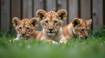 Obraz premium Three adorable lion cubs resting together in lush green grass