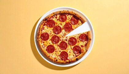 Delicious Pepperoni Pizza With One Slice Missing On A White Plate Overhead View With Yellow Background And Soft Shadow