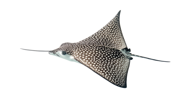 Elegance of spotted eagle ray swimming gracefully with patterned wings displayed in detailed aquatic wildlife illustration style isolated on white background