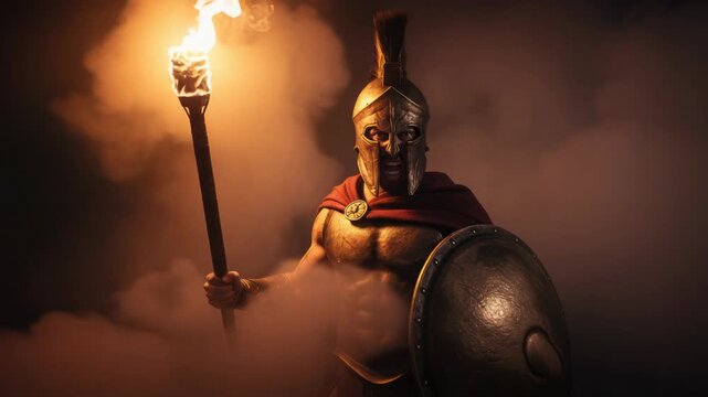 A cinematic portrayal of an ancient warrior illuminated by torchlight within a misty atmosphere