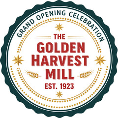 Vintage circular seal for The Golden Harvest Mill featuring red text gold stars and a dark green scalloped border.