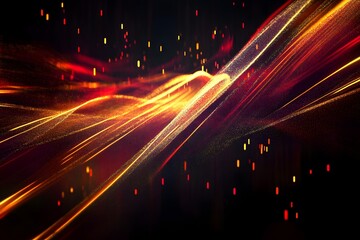 Abstract vibrant streaks of fiery orange and yellow light illuminate a dark background with glowing particles creating a dynamic and energetic visual effect