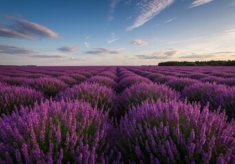Vast fields of vibrant purple blooms stretch under a clear sky, exuding a calming aroma. Nature's beauty in full display ,bloom ,botanical ,freshness