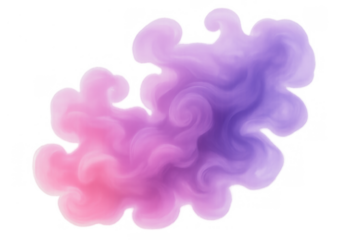 Pink and purple smoke mixing and swirling in abstract cloud, liquid ink dissolving on transparent background