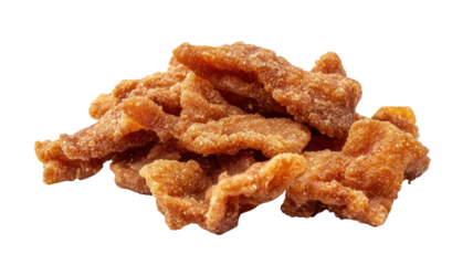 Crispy pork cracklings forming crunchy golden textured pieces ideal for savory snack presentation and traditional cooking ingredient isolated on white background