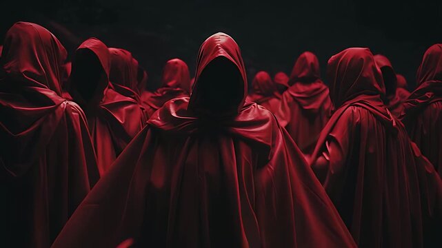Cult members red robes ritual gathering secret society mystery ceremony spooky religion