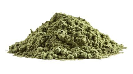 Organic dried broccoli powder pile forming fine green vegetable seasoning texture ideal for healthy cooking ingredient presentation isolated on white background
