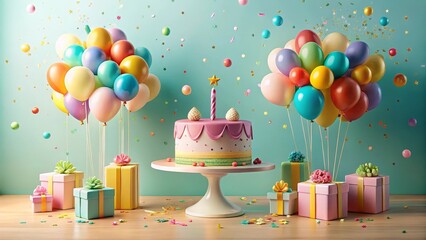 A Festive Birthday Scene with a Delicious Cake, Colorful Balloons, and Presents