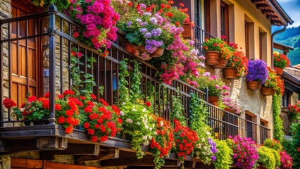 Vibrant Floral Abundance Adorning a Rustic Building's Balconies with Cascading Petals and Lush Greenery