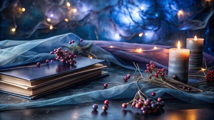 Enchanted Evening Stack of Books, Burning Candles, and Berries on a Dark Surface Draped with Sheer Fabric under Soft Fairy Lights