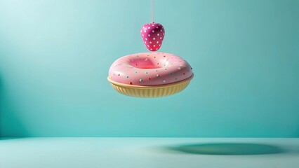 A whimsical confectionery scene a pink donut with colorful sprinkles floats serenely, suspended above a pastel blue backdrop, with a charming polka-dotted strawberry dangling delicately from above