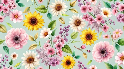 Vibrant Floral Pattern Featuring Sunflowers, Daisies, and Delicate Pink Blooms on a Soft Green Background