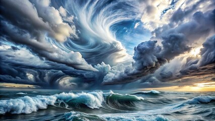 A Dramatic Seascape with a Swirling Vortex of Clouds Over a Turbulent Ocean