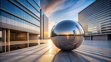 Reflective Sphere at Dawn Modern Architecture and Golden Hour Light