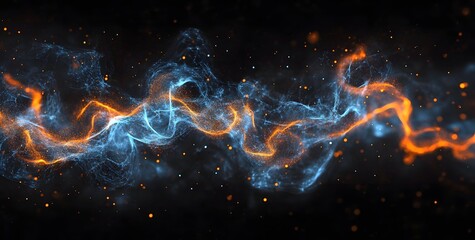 Abstract swirling cosmic nebula with glowing orange and blue energy streams and shimmering stardust particles against a dark night sky background