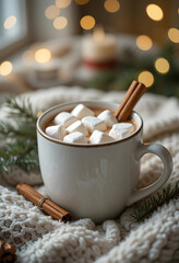 Cozy close-up of hot cocoa mug with marshmallows cinnamon stick and pine branches in warm tones