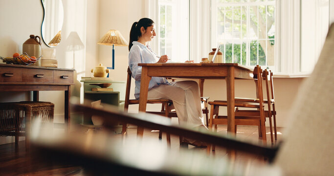 Woman, laptop and writing notes with remote work from home, review and checklist for project management. Person, writer and computer with editing, proposal or article with creative career at house