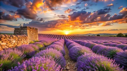 Serene Sunset Over a Lavender Field with a Stone Wall