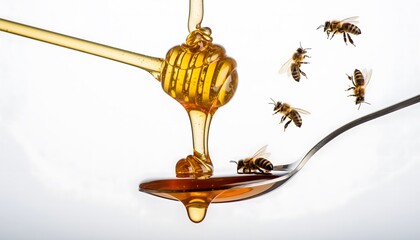 A spoonful of sweet golden honey dripping from a dipper with busy bees flying around