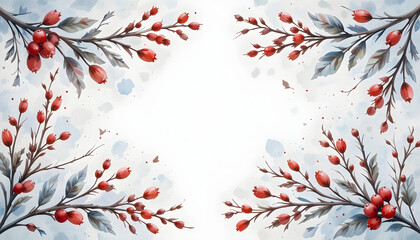 Winter watercolor botanical frame with branches and red berries in soft cool tones