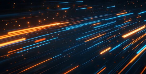Abstract streaks of orange and blue light blur across a dark background creating a sense of speed and futuristic motion in a digital space