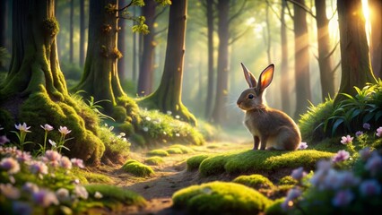 A lone rabbit sits peacefully on a mossy mound, bathed in the golden light filtering through a sun-dappled forest path