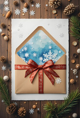 Craft paper envelope with festive ribbon and paper snowflakes in cozy winter top view