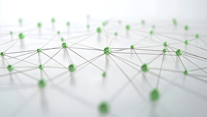 Abstract network of interconnected green nodes and dashed lines creating a complex web of connections on a bright white background with soft focus
