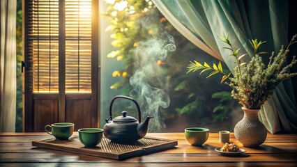 Serene morning tea ritual by the sunlit window with steaming teapot and delicate green teacups on wooden tray, accompanied by dried floral arrangement in elegant vase