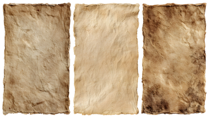 Three textured parchment sheets with rough torn edges displaying varied natural brown and beige tones isolated on transparent background