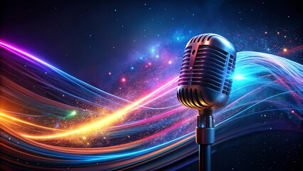 Retro Microphone Against a Vibrant Cosmic Background of Light Trails and Sparkling Dust
