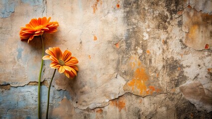 Two vibrant orange blossoms elegantly placed against a weathered, textured wall, creating a striking juxtaposition of nature's beauty and the passage of time.