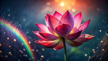 A radiant pink lotus blossom bathed in warm sunlight, iridescent droplets and a vibrant rainbow arc gracefully enhancing its ethereal beauty