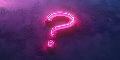Vibrant pink neon question mark glowing brightly against a textured dark purple background creating a sense of mystery and intrigue