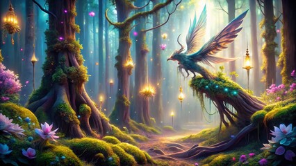 Enchanted Forest Path A Mystical Avian Creature Perched on Mossy Roots, Illuminated by Hanging Lanterns in a Dreamlike Setting