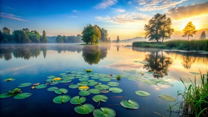 Serene Sunrise over a Misty Lake with Lily Pads and Tranquil Reflections of Trees