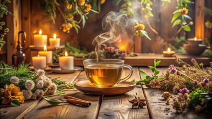 Aromatic Herbal Tea Infusion with Warm Candlelight and Dried Botanicals on Rustic Wooden Table