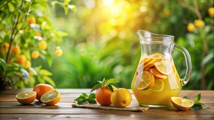 Refreshing Citrus Pitcher on Rustic Wooden Table with Sunlit Garden Background